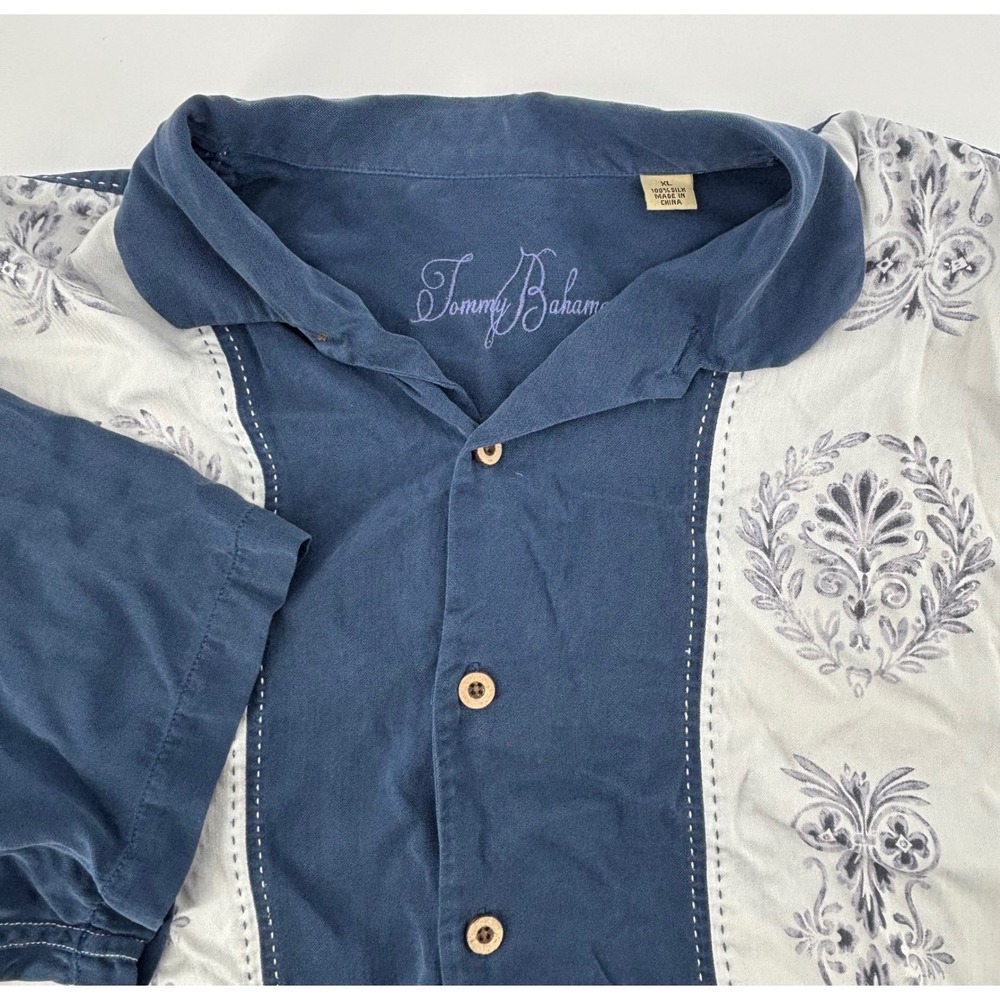 Tommy Bahama Silk Camp Shirt Men XL Navy Blue White Floral Tapestry 100# Silk